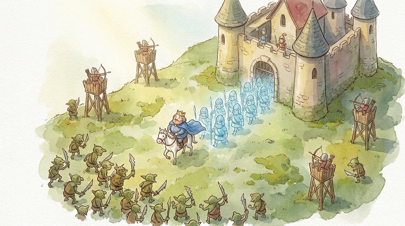 A storybook painting of a king and his blue-ink army holding a hill in front of the castle